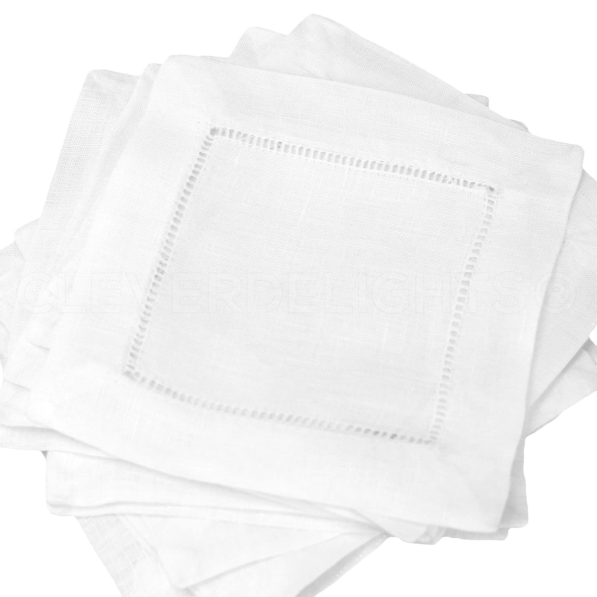 CleverDelights 6-inch white linen napkins featuring ladder hemstitch for elegant table settings.
