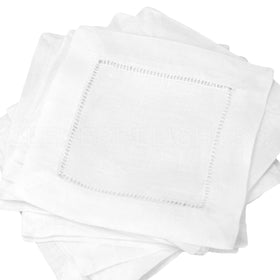 CleverDelights 6-inch white linen napkins featuring ladder hemstitch for elegant table settings.