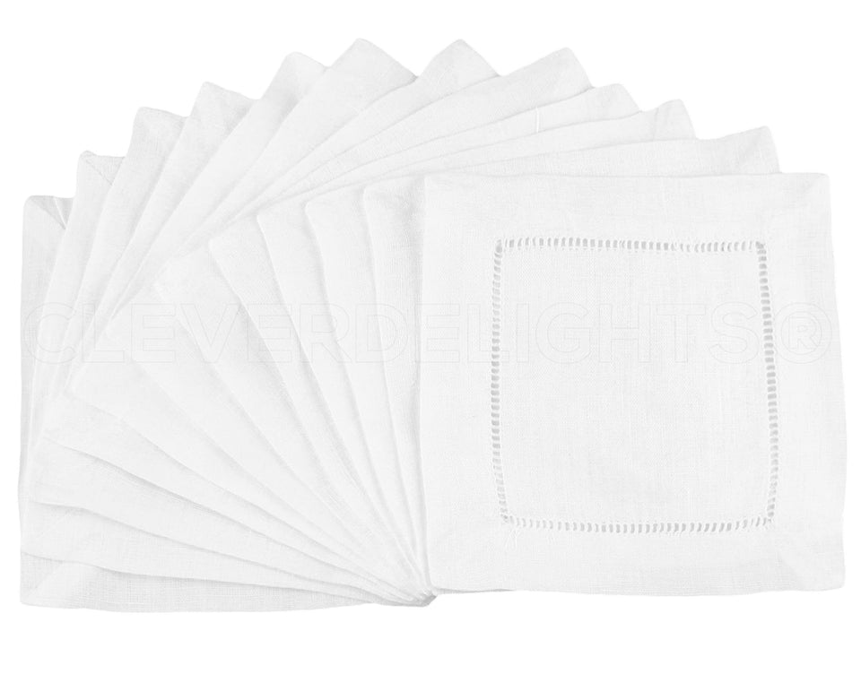 CleverDelights white hemstitch 6in napkins on a table add elegant detail