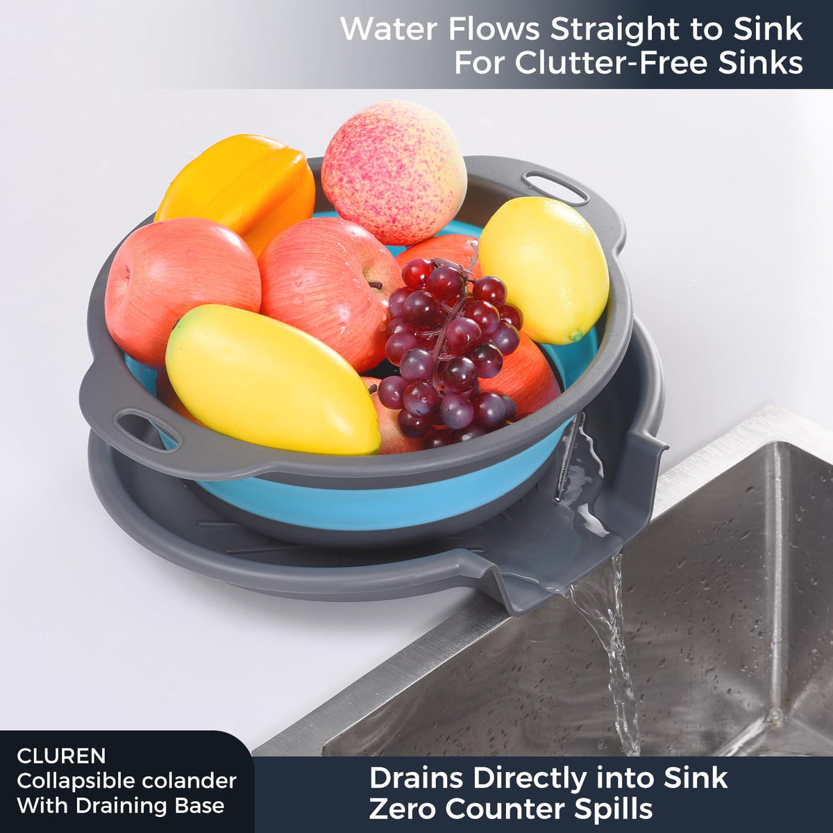 Cluren collapsible colander set medium-tray demonstrates efficient draining