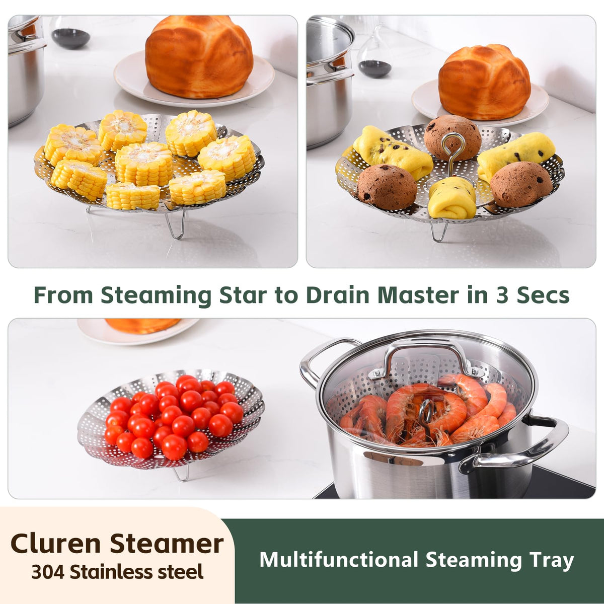 Dense filter holes in the Cluren basket enable quick, even steaming
