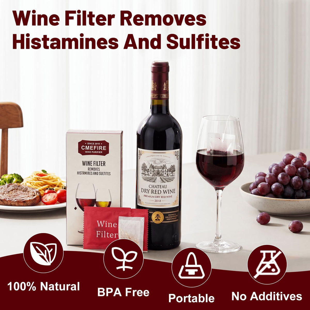 Cmefire filter bag placed in a glass of wine demonstrating use.