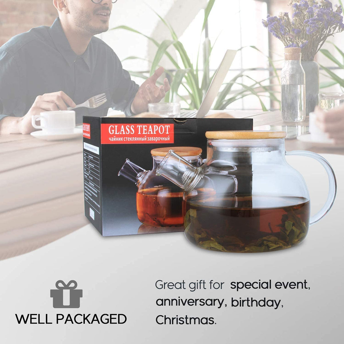 CNGLASS teapot showcases loose leaf filter keeping tea bits away