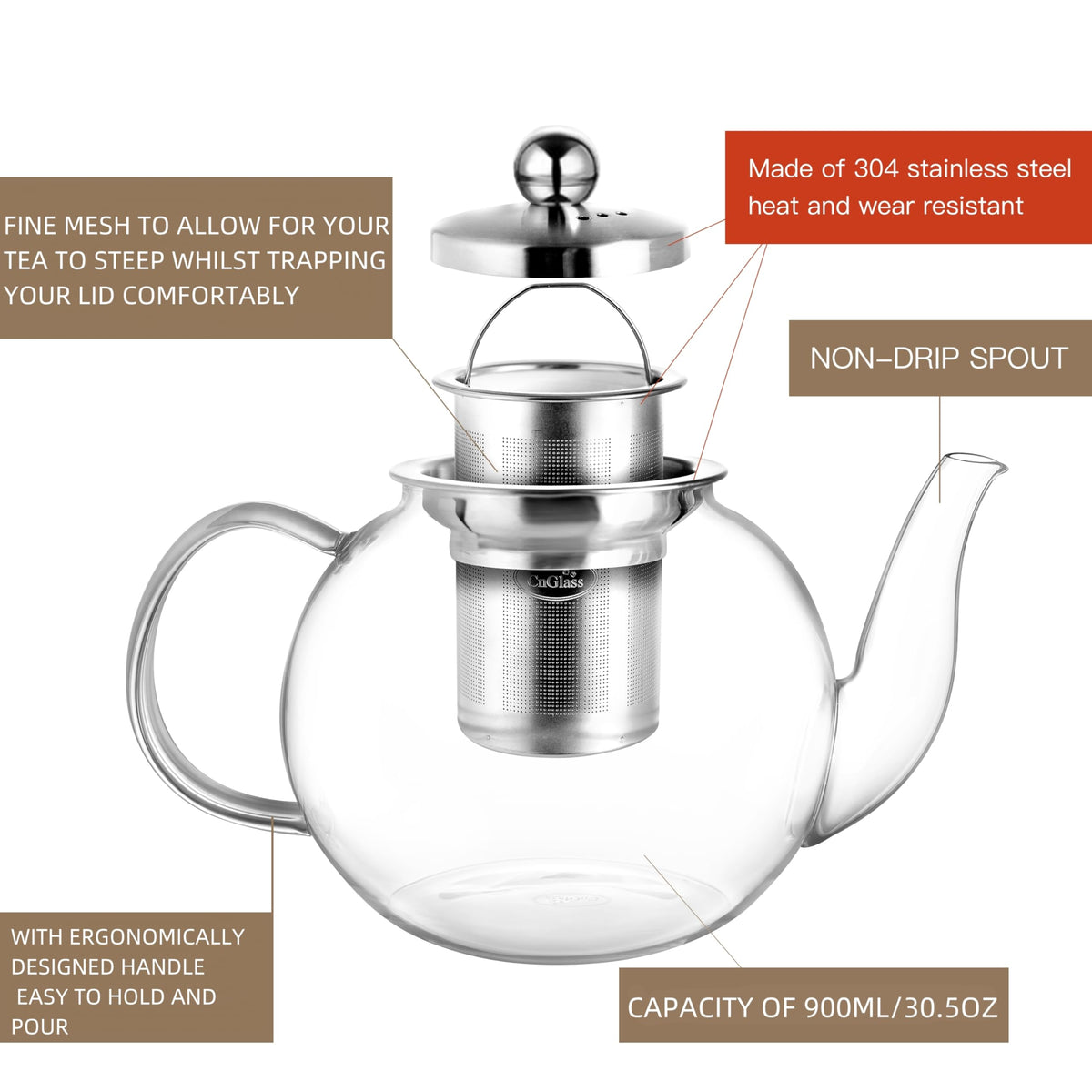 CNGLASS stovetop safe borosilicate teapot for fast heating