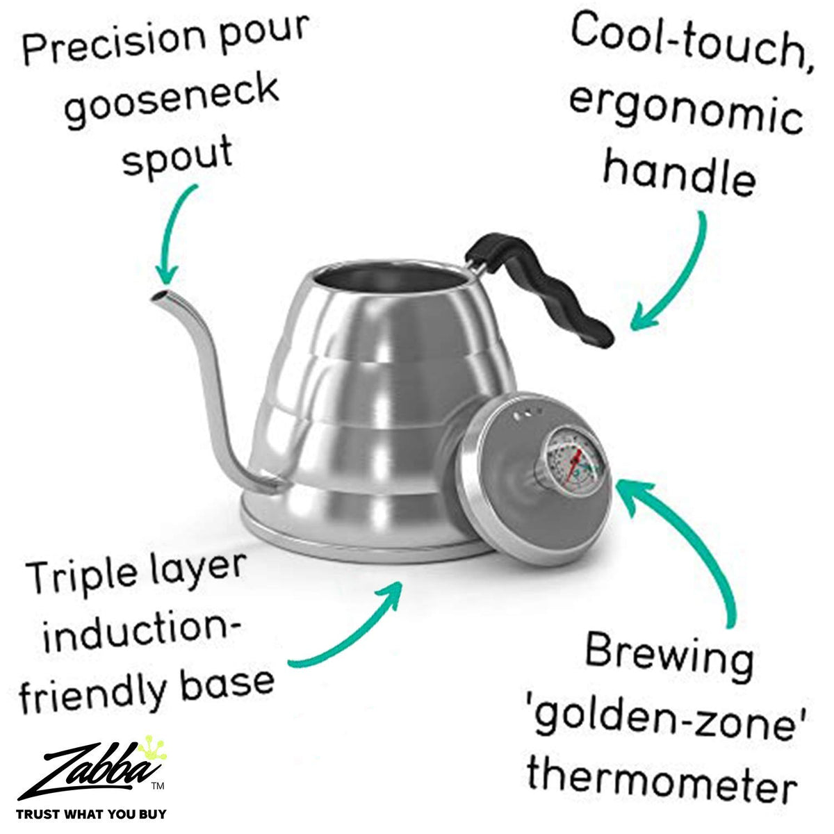 Coffee Gator gooseneck kettle features a triple-layer base for universal stovetop compatibility.