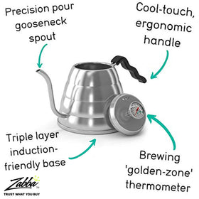 Coffee Gator gooseneck kettle features a triple-layer base for universal stovetop compatibility.