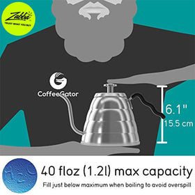 Coffee Gator gooseneck kettle with 360° spout delivers smooth, controlled pours for coffee and tea.