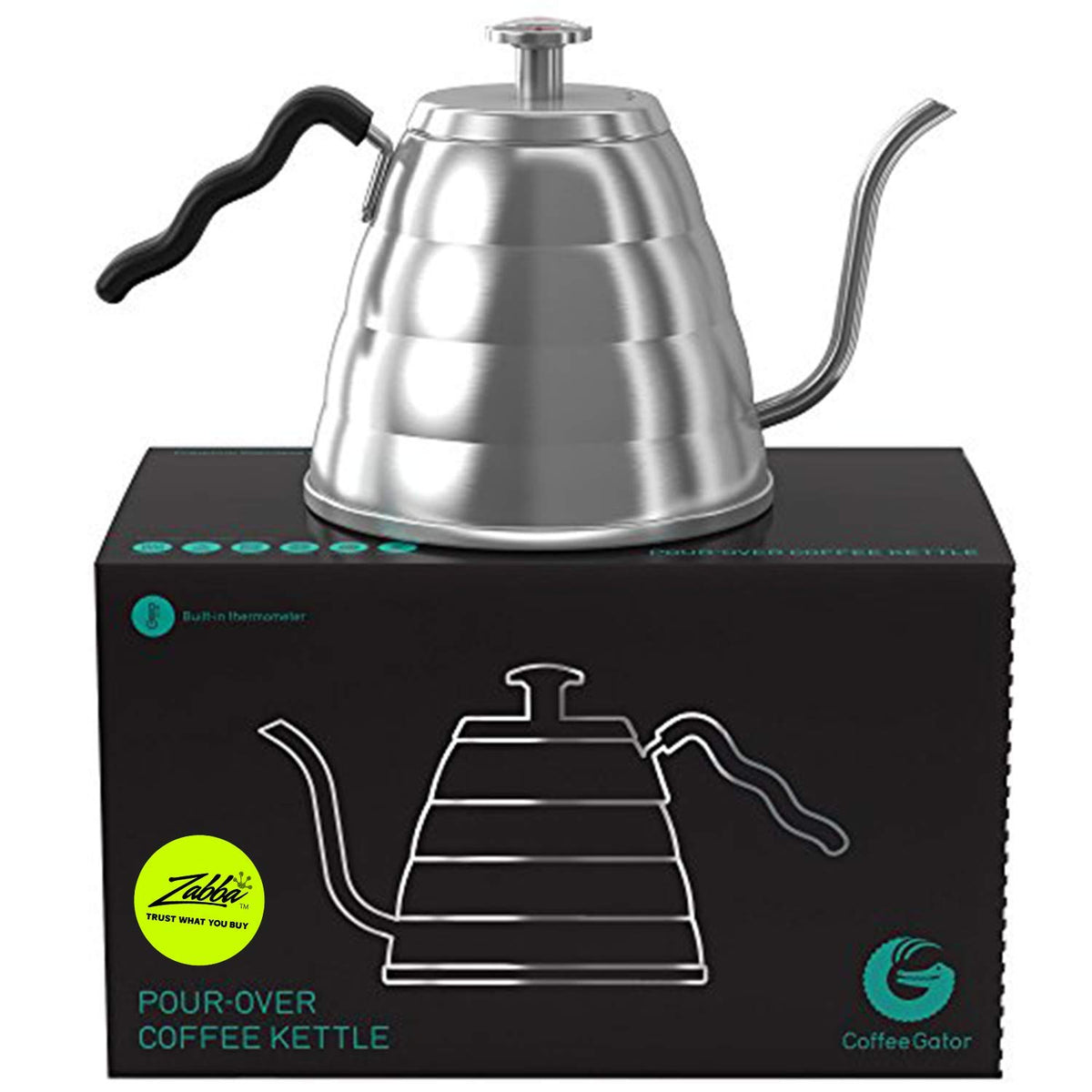 Coffee Gator gooseneck kettle with thermometer enables precise pour-over control for consistent results.
