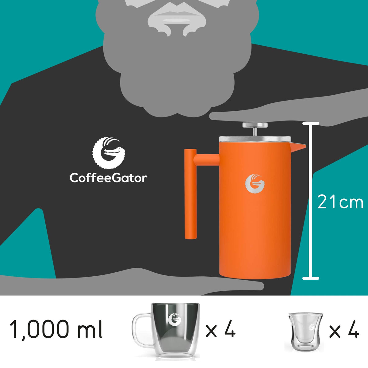 Coffee Gator travel jar included; double-insulated stainless steel preserves beverages.