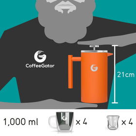 Coffee Gator travel jar included; double-insulated stainless steel preserves beverages.