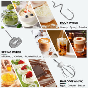 Colarlemo with three whisk attachments for froth, whip, and blend