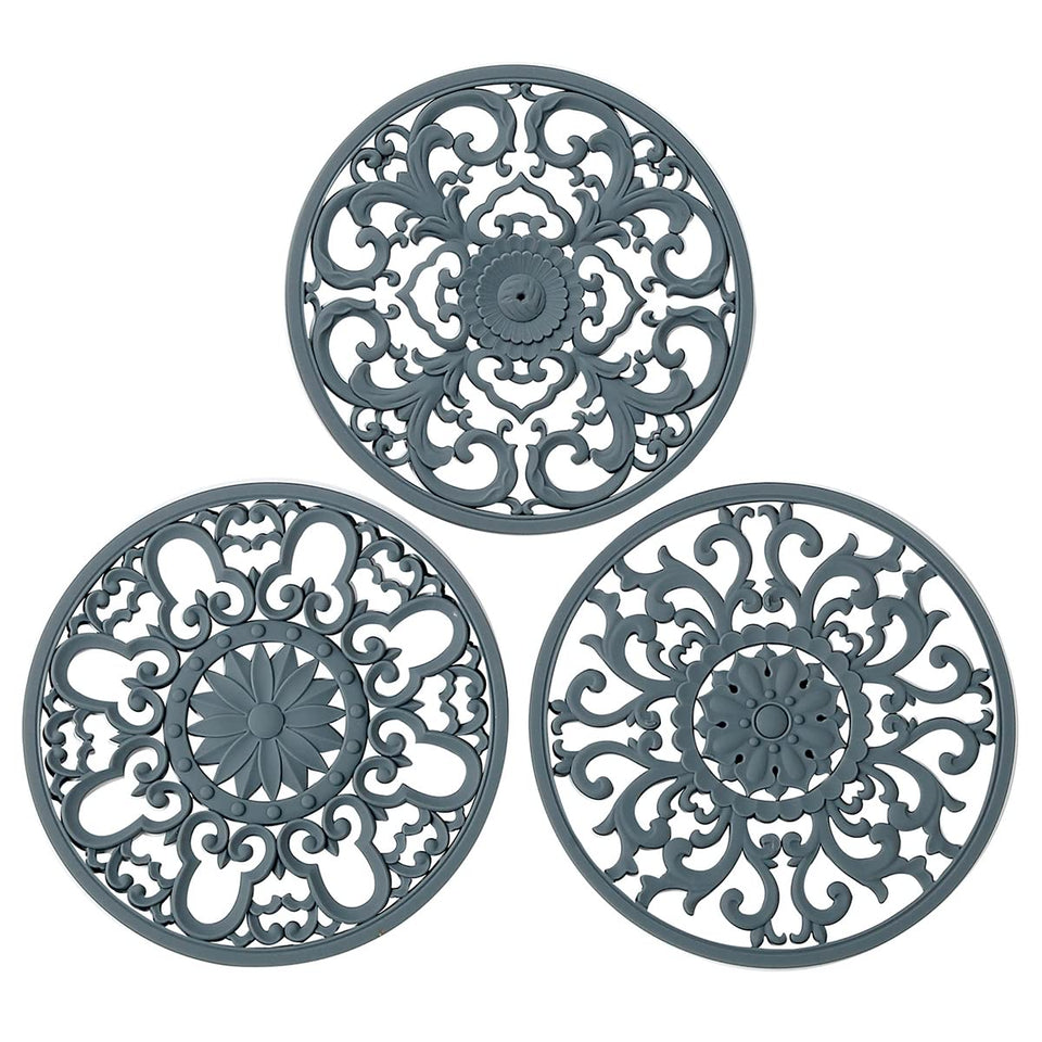 Colinda extra-thick silicone trivet set with three designs keeps hot dishes off surfaces