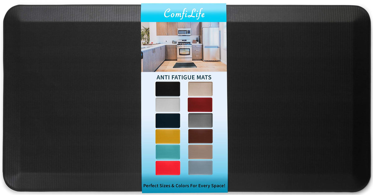 ComfiLife anti-fatigue mat in black 24x70 cushions feet during kitchen prep.