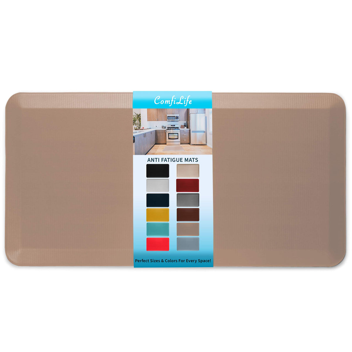 ComfiLife anti-fatigue mat for kitchen floor 24x70 beige, comfortable standing for long tasks.
