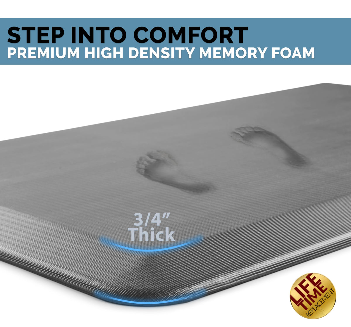 ComfiLife mat highlights kitchen use, cushioning during long cooking tasks.