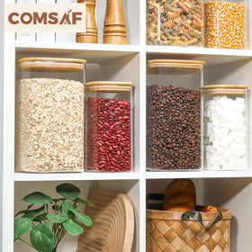ComSaf kitchen setup: large-capacity jars on a tidy shelf.