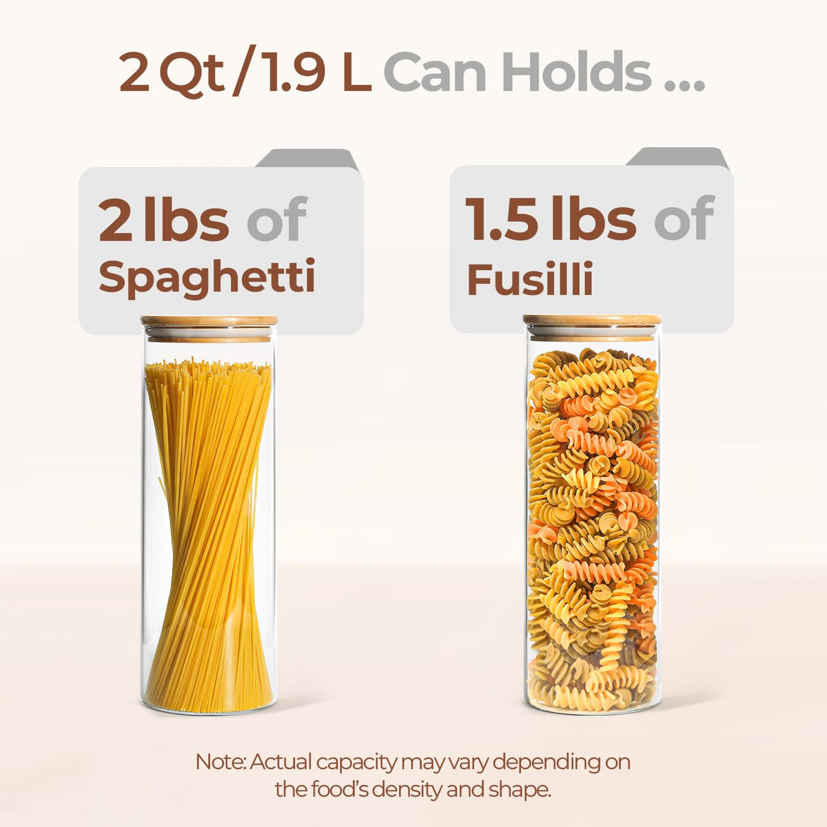 ComSaf tall clear jar stores spaghetti neatly with a moisture-proof seal.