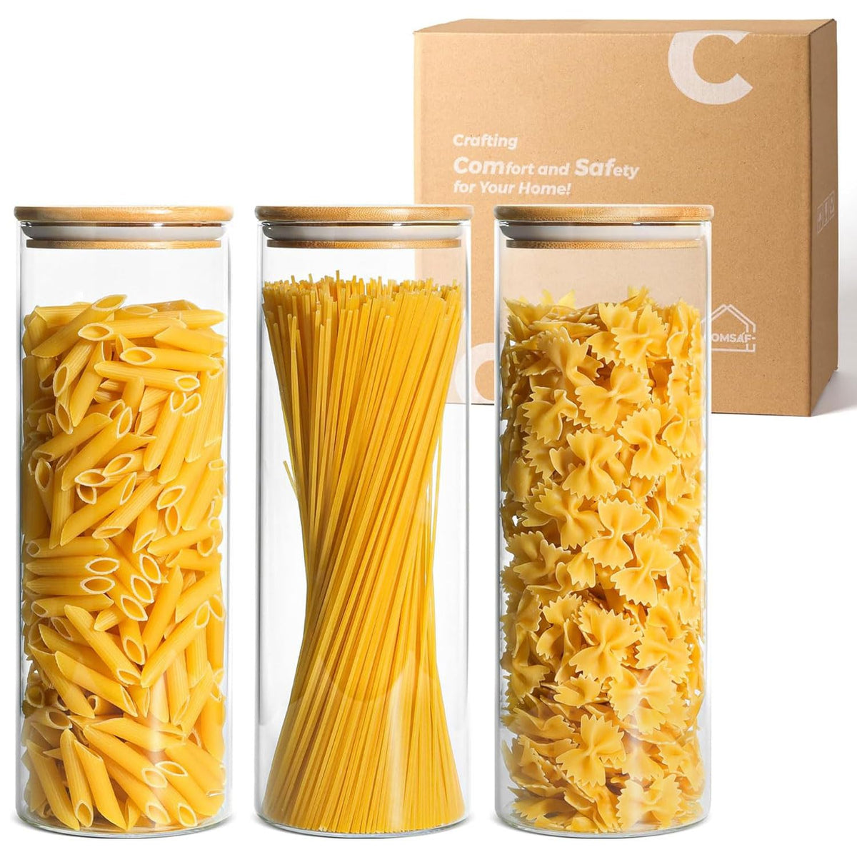 ComSaf glass pasta storage jar with airtight wood lid keeps pasta fresh and visible.