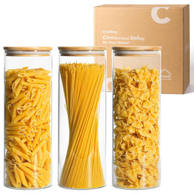 ComSaf glass pasta storage jar with airtight wood lid keeps pasta fresh and visible.