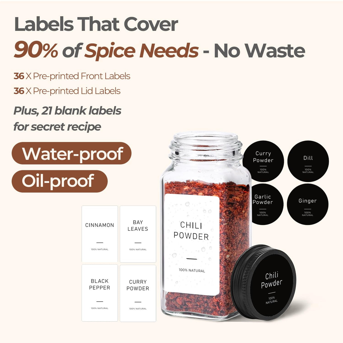 ComSaf spice jars with black lids for a clean, cohesive look.