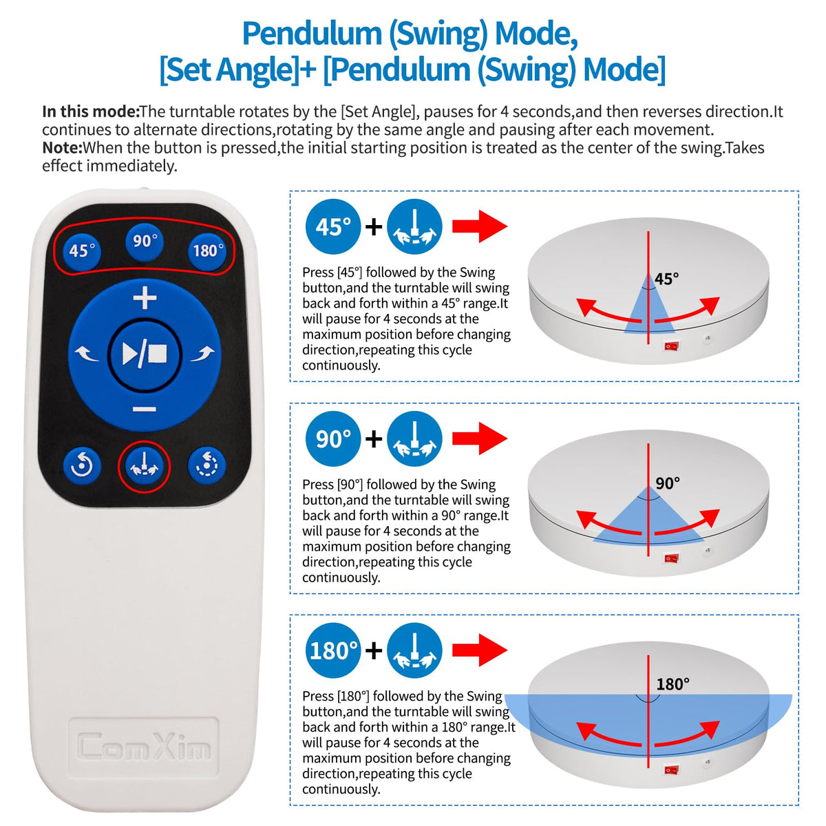 ComXim pendulum rotation mode for dynamic product displays from multiple angles.