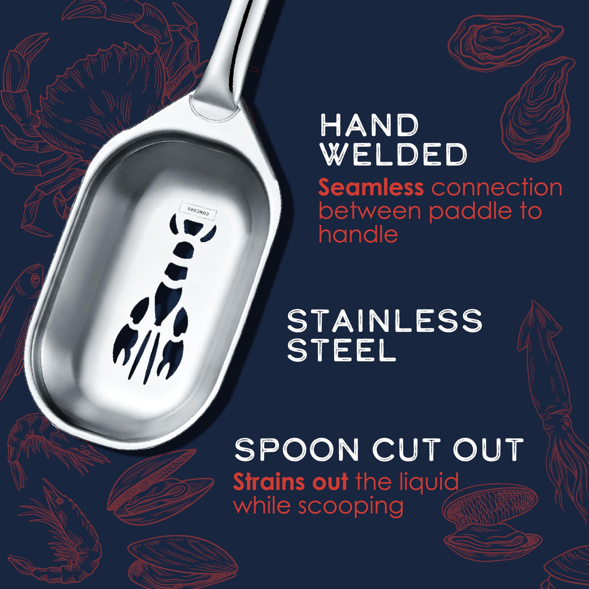 Concord crawfish spoon stirrer 42in close-up cutout drains while stirring.