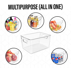 CONTROL KITCHEN clear storage bins in bathroom for toiletries and towels.