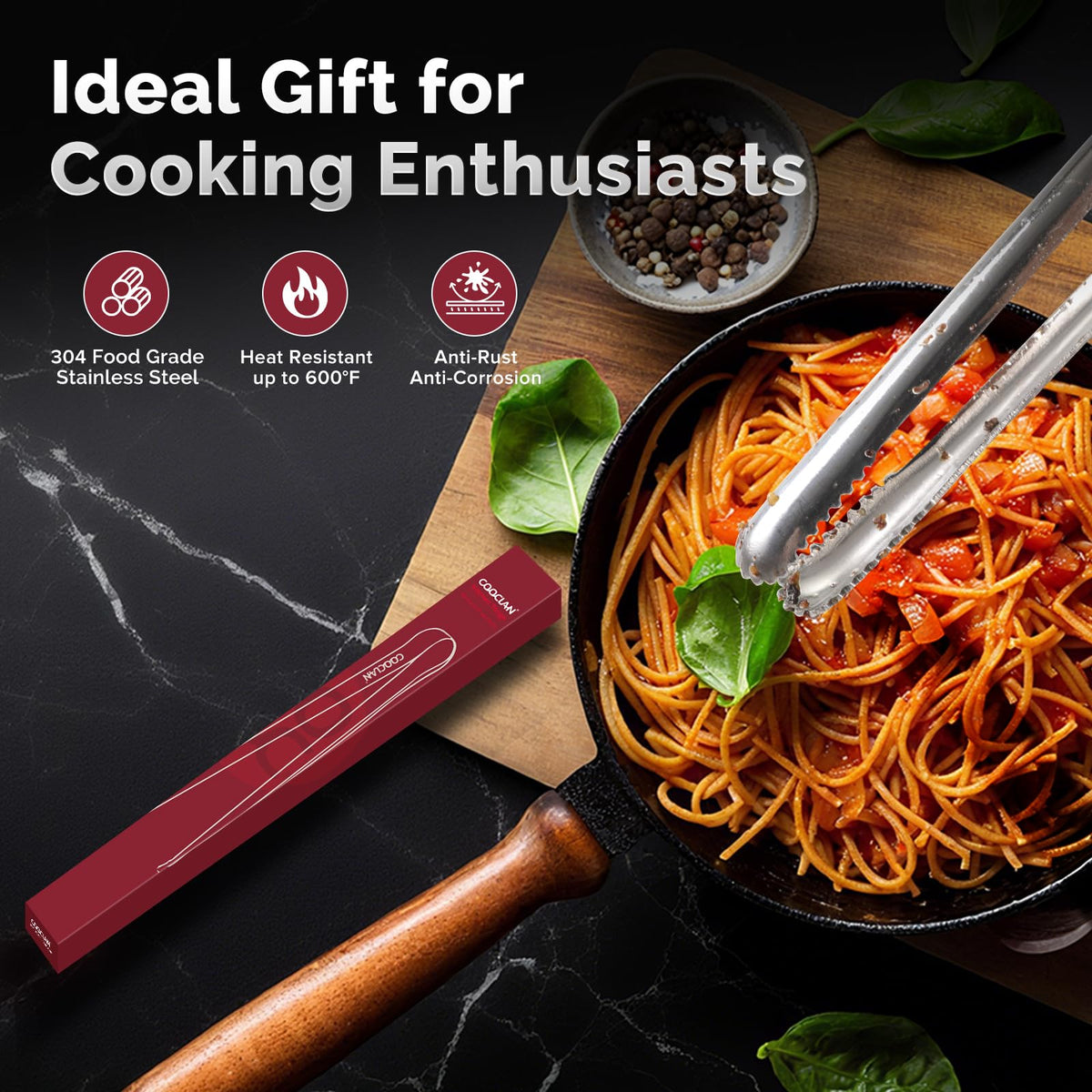 COOCLAN stainless steel tongs stay cool to touch during cooking