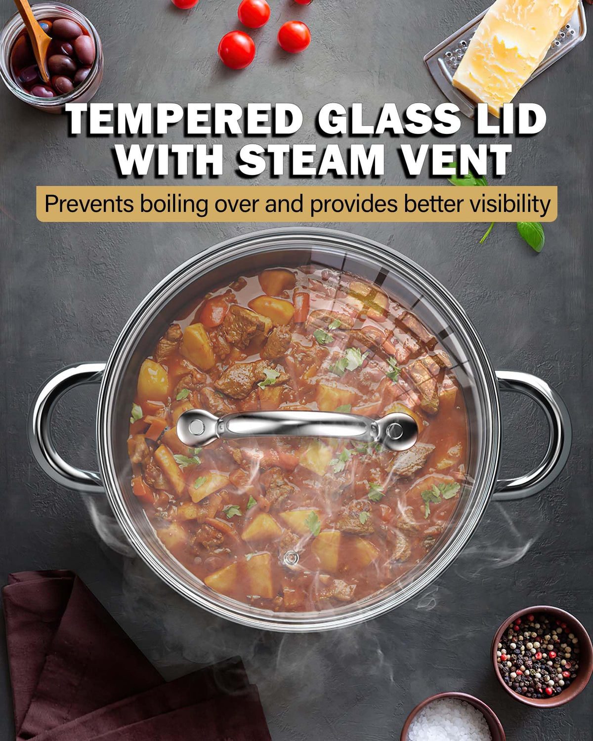Cook N Home ergonomic, stay-cool handles ensure a secure grip.