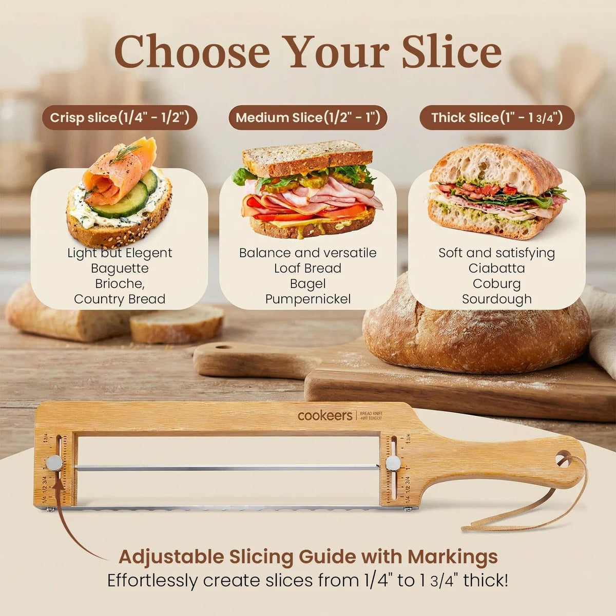 COOKEERS extra-large bread slicer design fits long loaves.