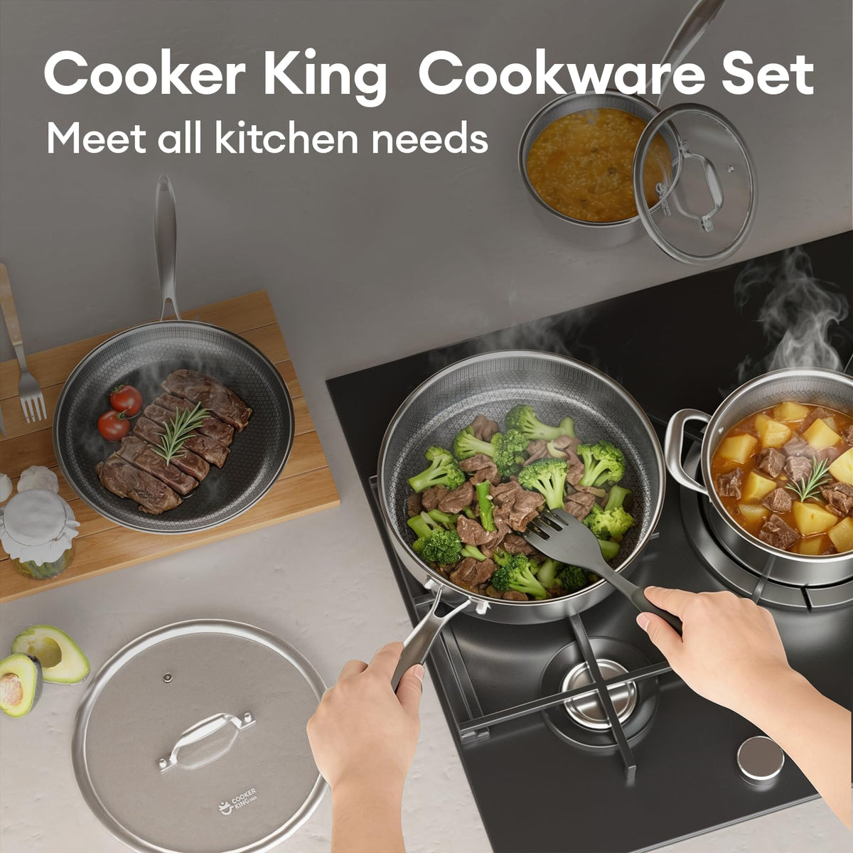 COOKER KING dishwasher-safe set for quick cleanup after cooking.