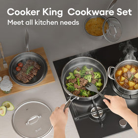 COOKER KING dishwasher-safe set for quick cleanup after cooking.