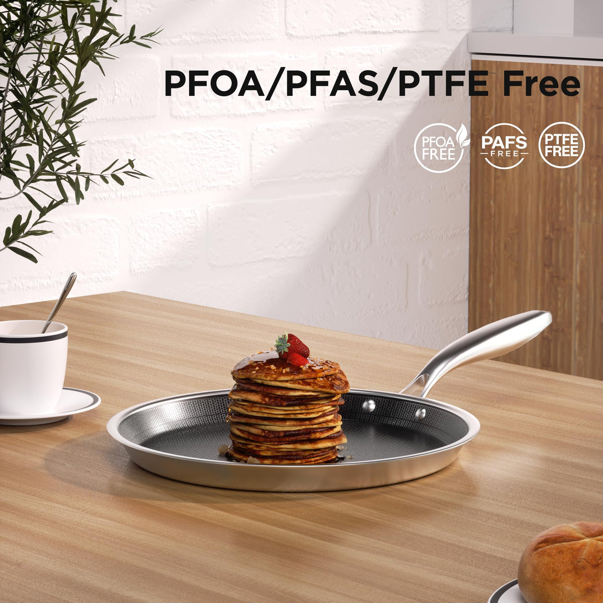Cooker King tri-ply clad pan delivers even heat for uniform browning.