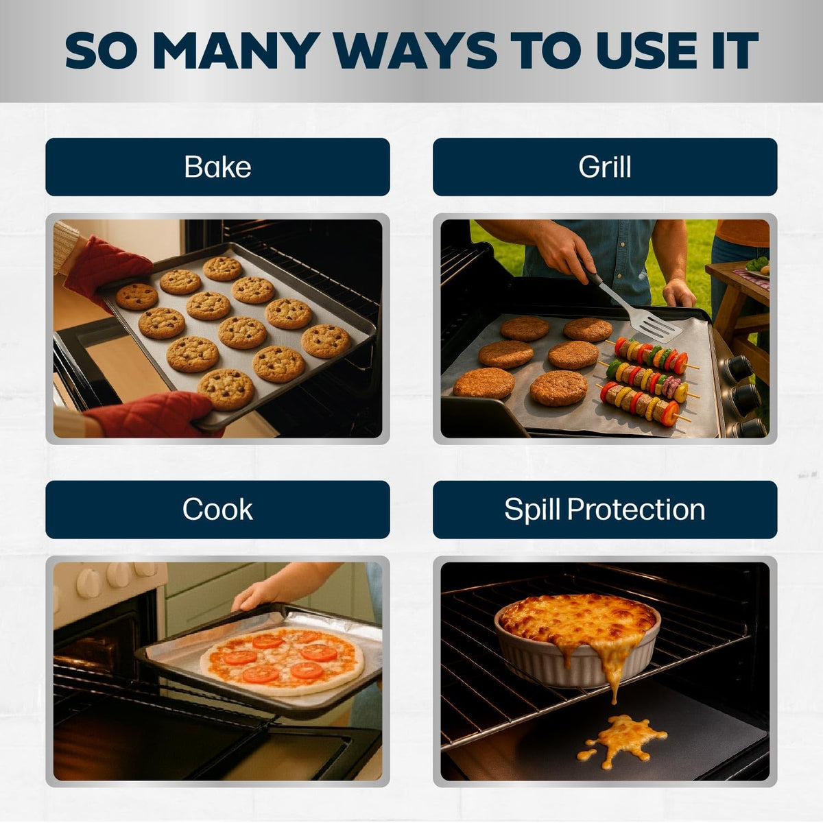 Cooks Innovations oven mat compatible with electric, gas, convection, and microwave ovens.