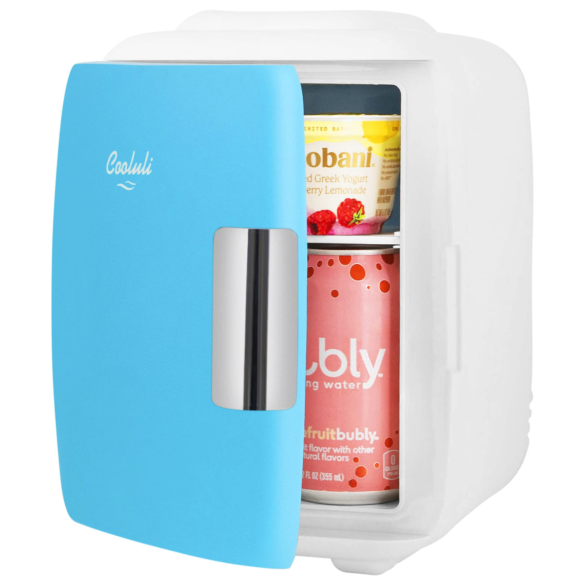 Cooluli 4L mini fridge sits on a desk for snacks and beauty products.