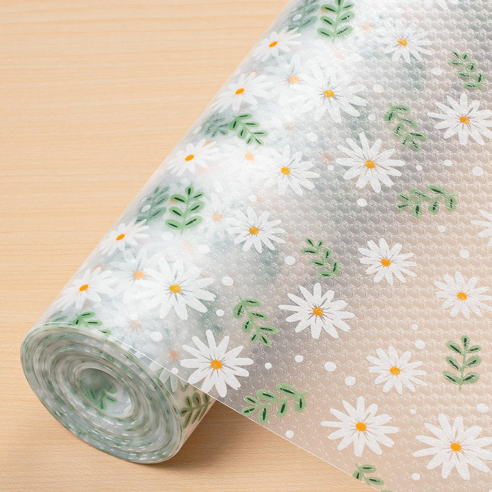 Cooyes shelf liner with daisy pattern closeup, non-slip EVA surface ideal for cabinets.