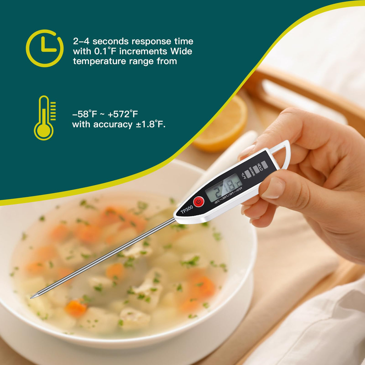 Copkim wide temperature range thermometer supports candy, milk, and soups.