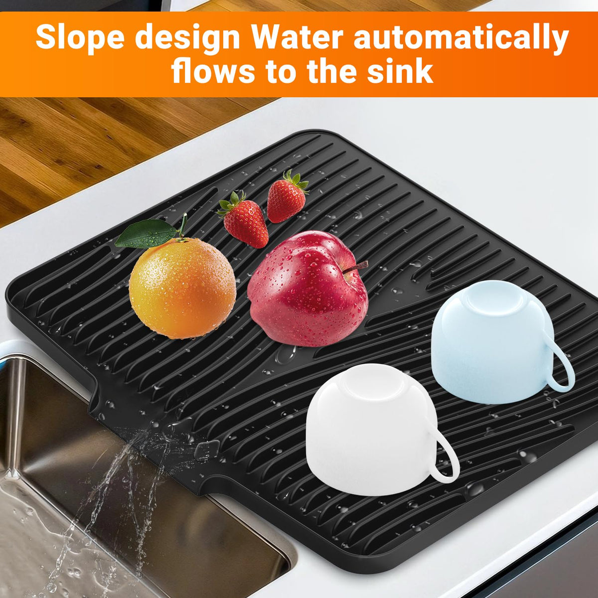COPLIB silicone mat with built-in drain channels directs water into the sink