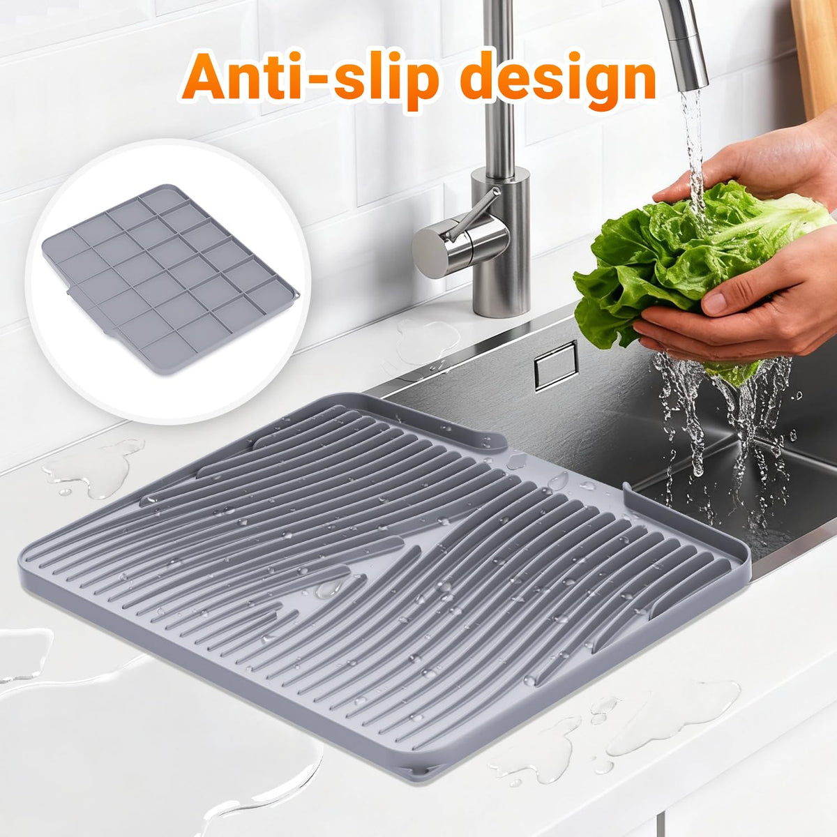 COPLIB mat's drainage rim channels water into the sink.