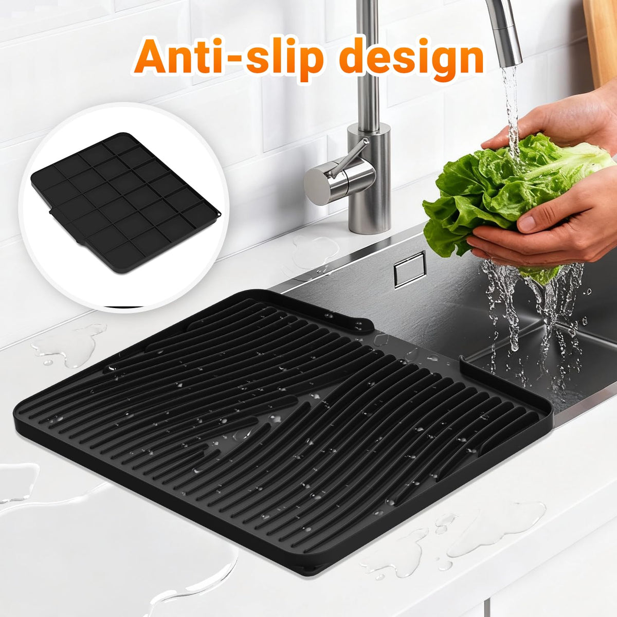 COPLIB silicone mat with built-in drain channeling water back to sink.