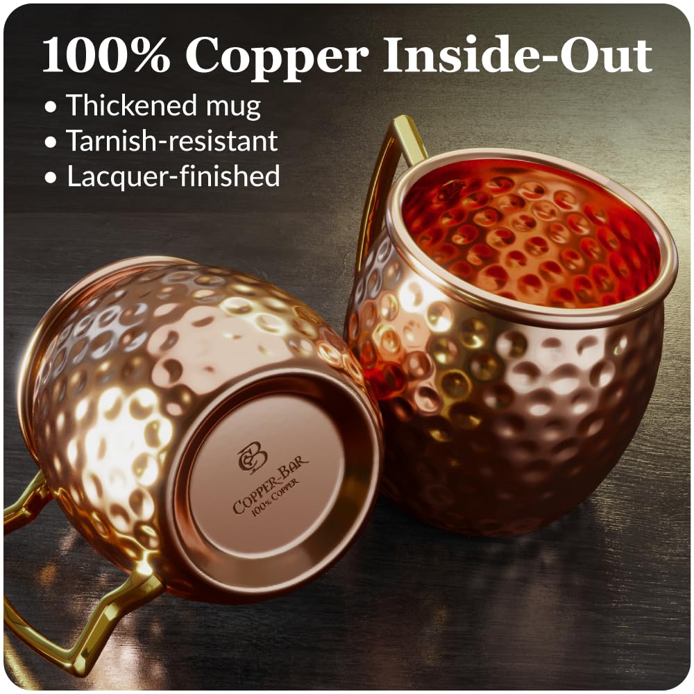 Copper-Bar mug highlights brass handle and flat bottom for stability and grip