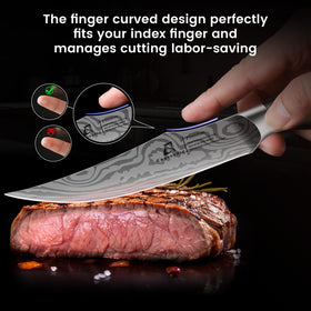 CoquusAid Damascus blade pattern highlights elegant kitchen style.