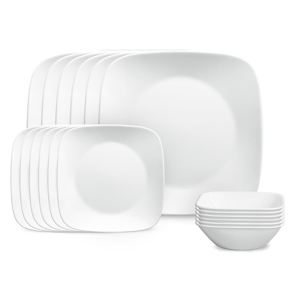 Corelle Vitrelle square dinner plates for everyday meals, durable and lightweight.