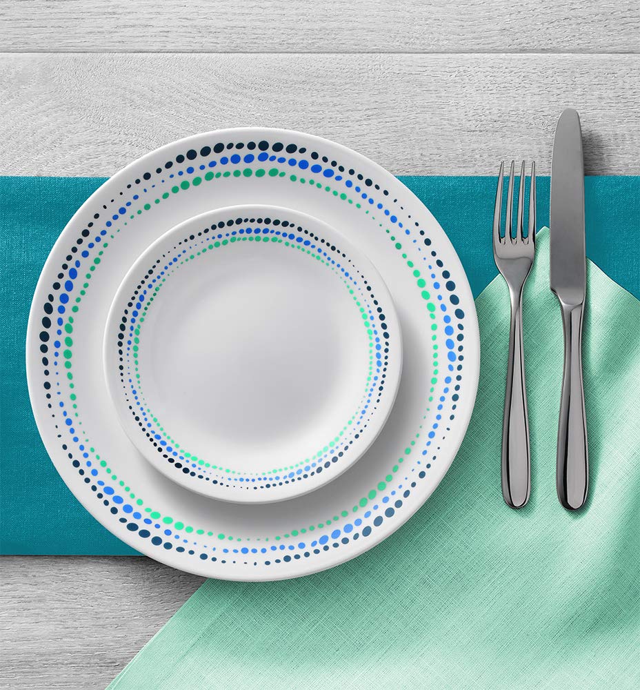 Corelle Vitrelle set demonstrating dishwasher and microwave compatibility.