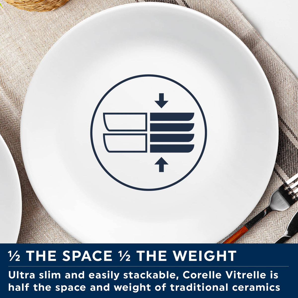 Corelle Vitrelle Winter Frost White dishware on a clean dining table