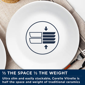 Corelle Vitrelle Winter Frost White dishware on a clean dining table