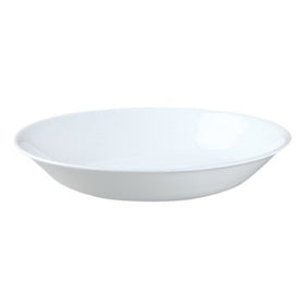 Corelle Winter Frost White 20oz pasta bowls, stacked, space-saving storage for easy weeknight dining.