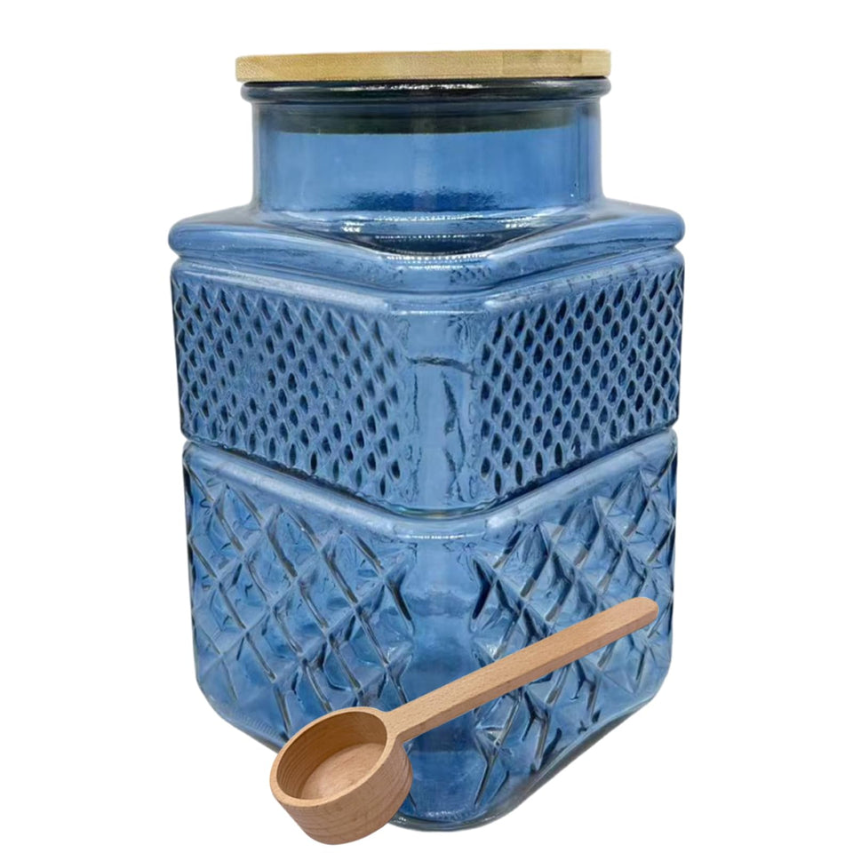 Coriario 60oz blue square glass jar with airtight lid ideal for pantry storage