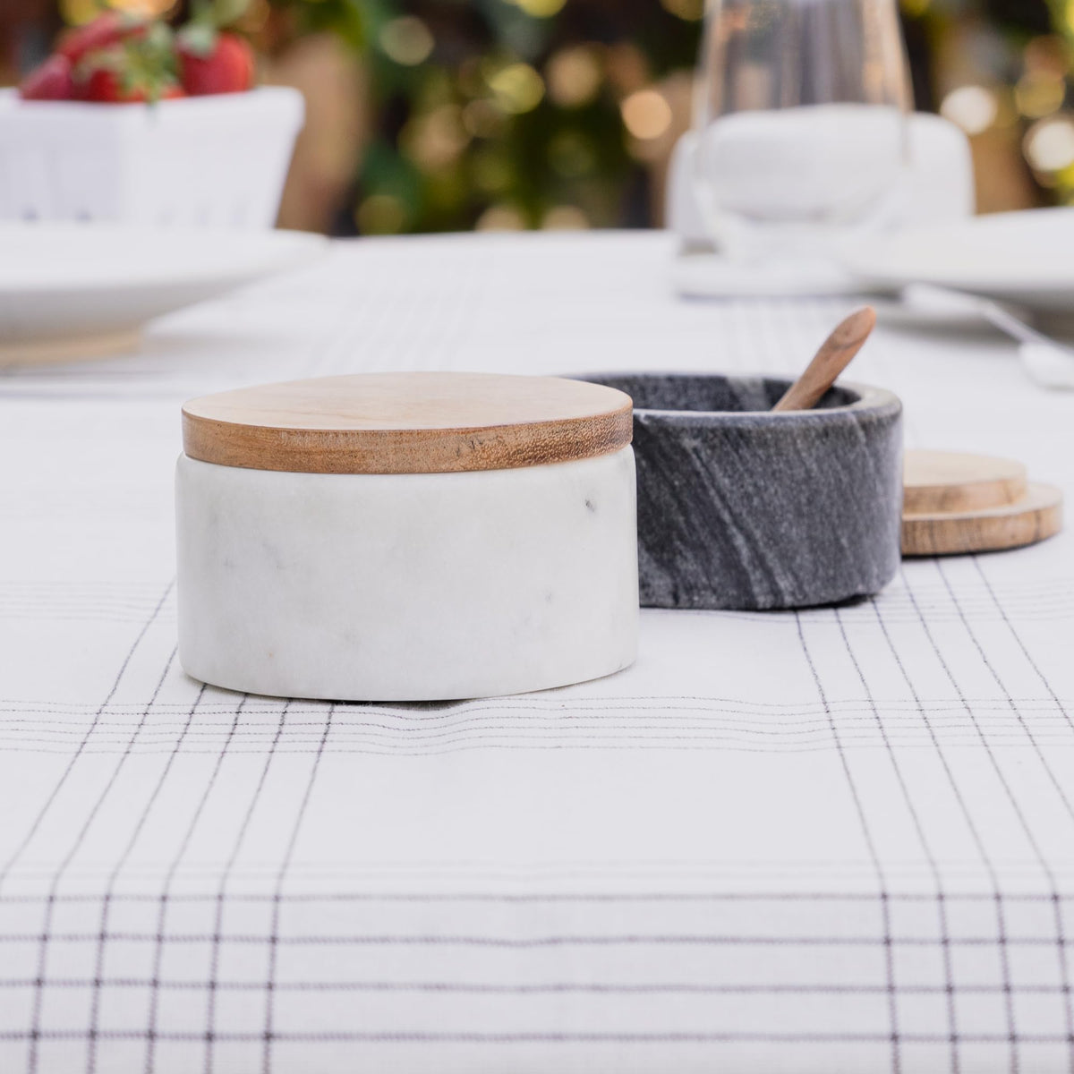 Cork & Mill elegant marble salt keeper enhances kitchen decor.
