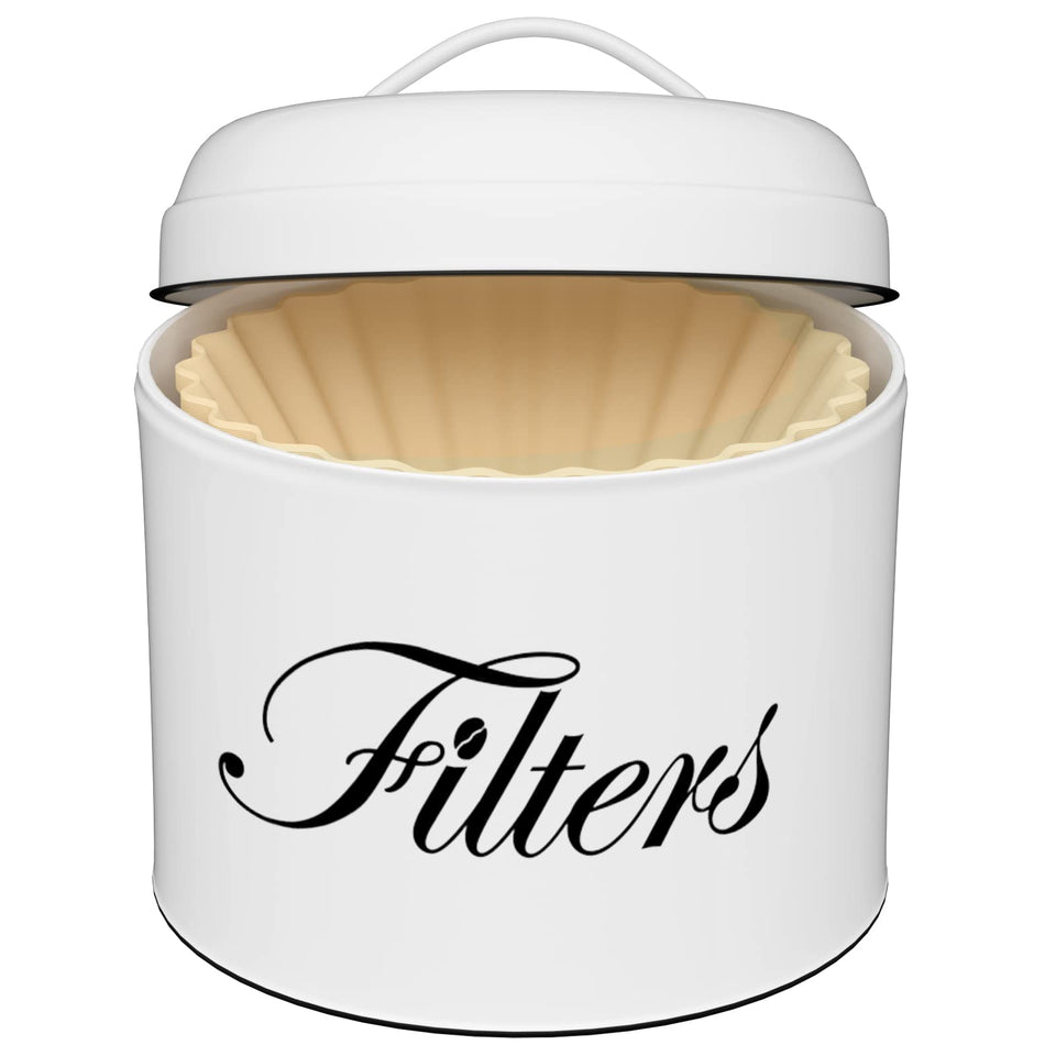 CORTNK coffee filter holder with lid keeps round filters organized on the counter.